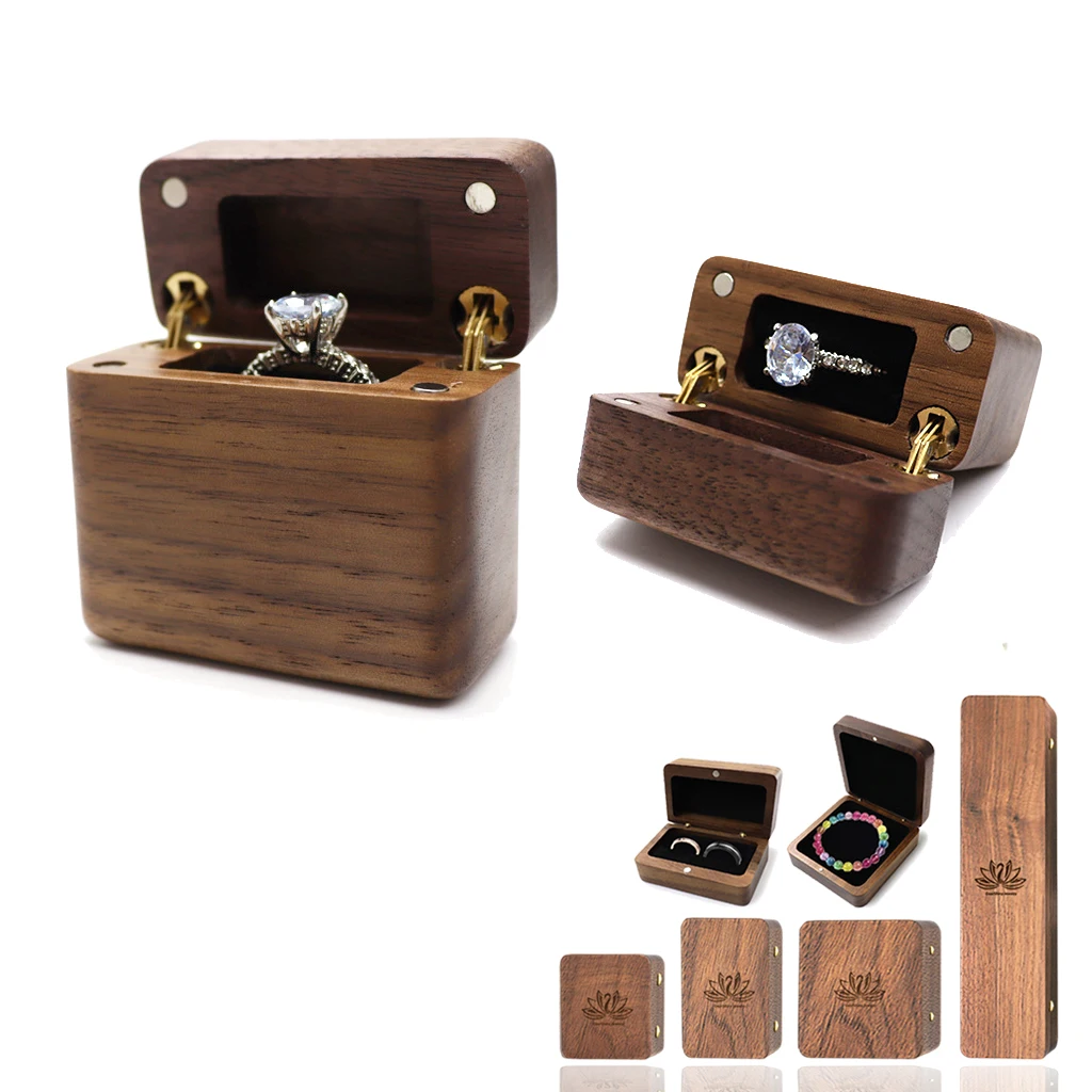 Slim Engagement Wood Ring Box with Sponge Insert Solid Wood Rectangle Flip Jewelry Storage Box Proposal Birthday Gift