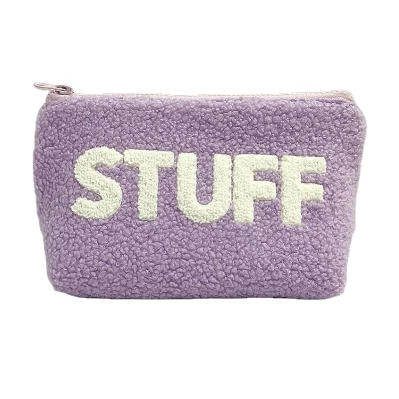 Custom high quality terry cloth makeup bags Obvious Chenille Logo Teddy Cosmetic Case Soft Portable Teddy Cosmetic Case