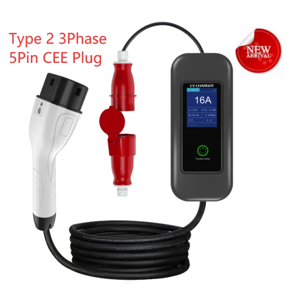 Portable Type 2 Charging Cable 5 PIN CEE 16A 11KW 3 Phases Timing Delay Funtion 1-12Hs Model 2 Adjustable Current 8A/10A/13A/16A
