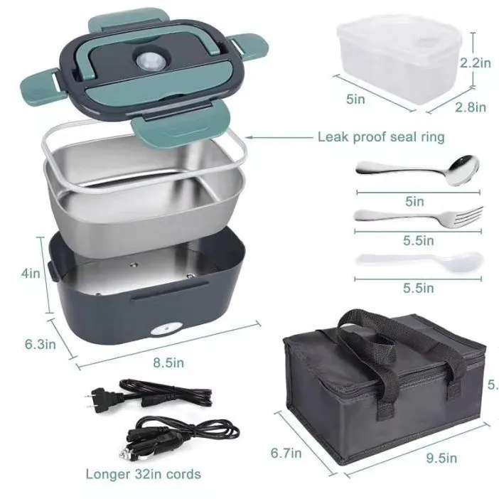 Electric Lunch Box with 2 compartments Inner for Car Truck 110V/220V/12V/24V Food Warmer Stainless Steel Container