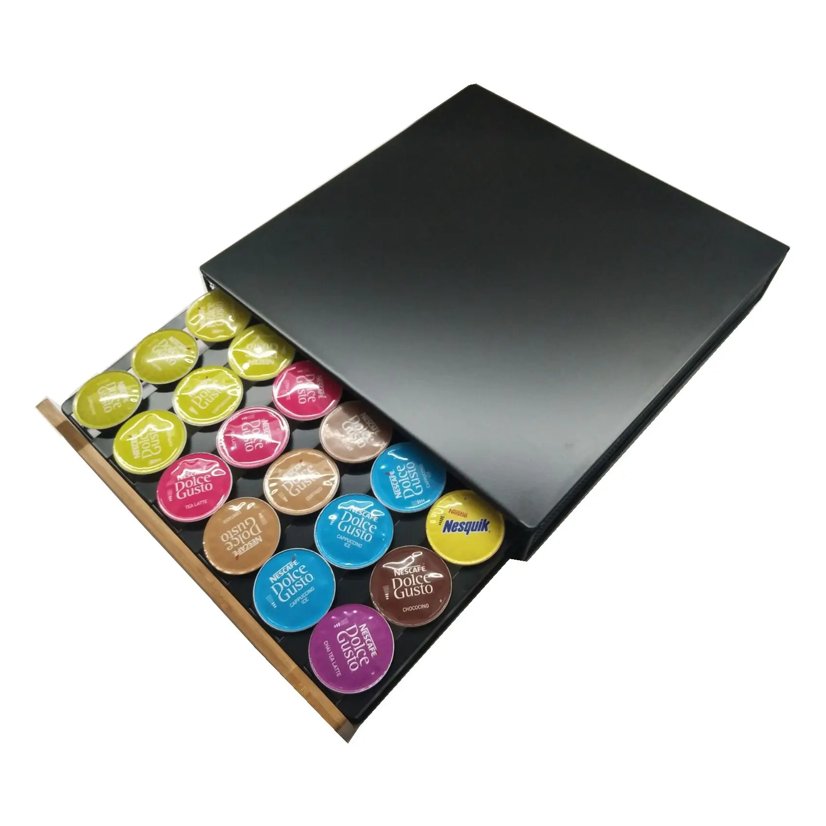 High Quality 36pcs Bamboo Wooden Dolce Gusto Coffee Pod Storage Drawer New Design for Home Kitchen Use Packed in Box