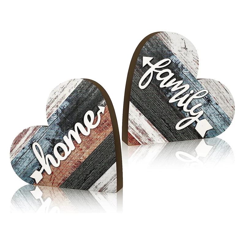 2 Pcs Rustic Wood Love Home Sign Heart Shaped Wooden Table Centerpiece Farmhouse Buffalo Plaid Family Sign