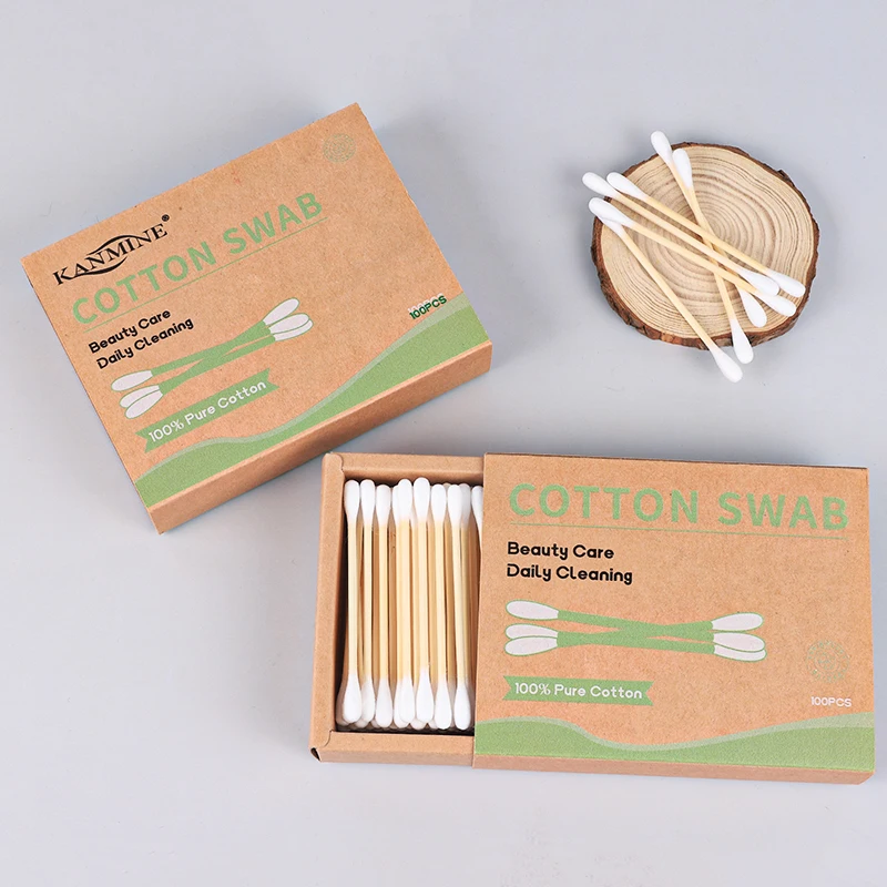 Factory  Sterile Makeup 100 Pieces Bamboo Stick Cotton Bud With Kraft Paper Drawer Box Package