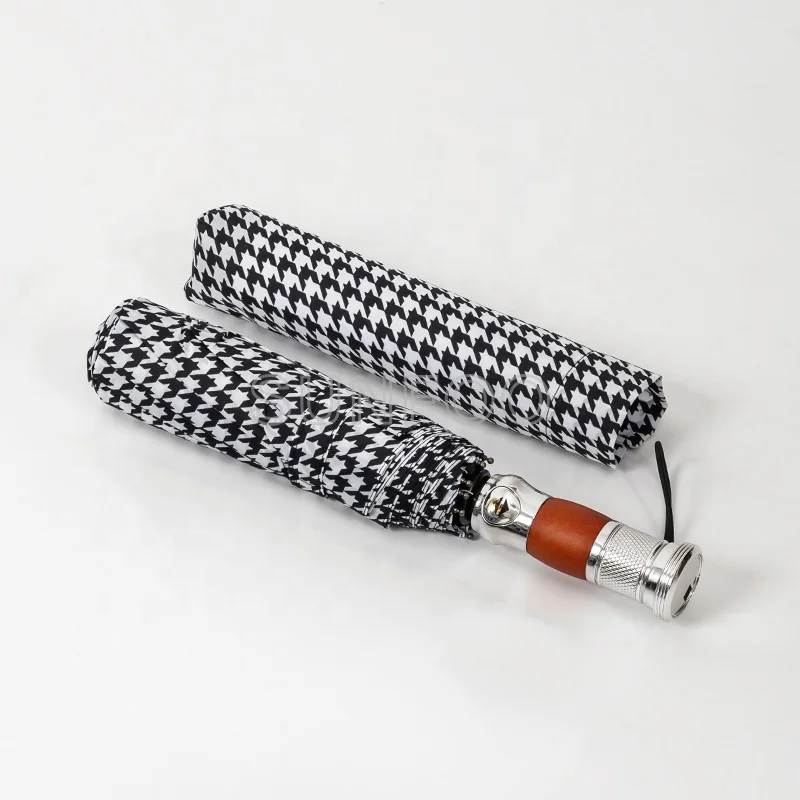 Super Fashion Houndstooth Design Compact Travel Rain Auto 3 Fold Umbrella