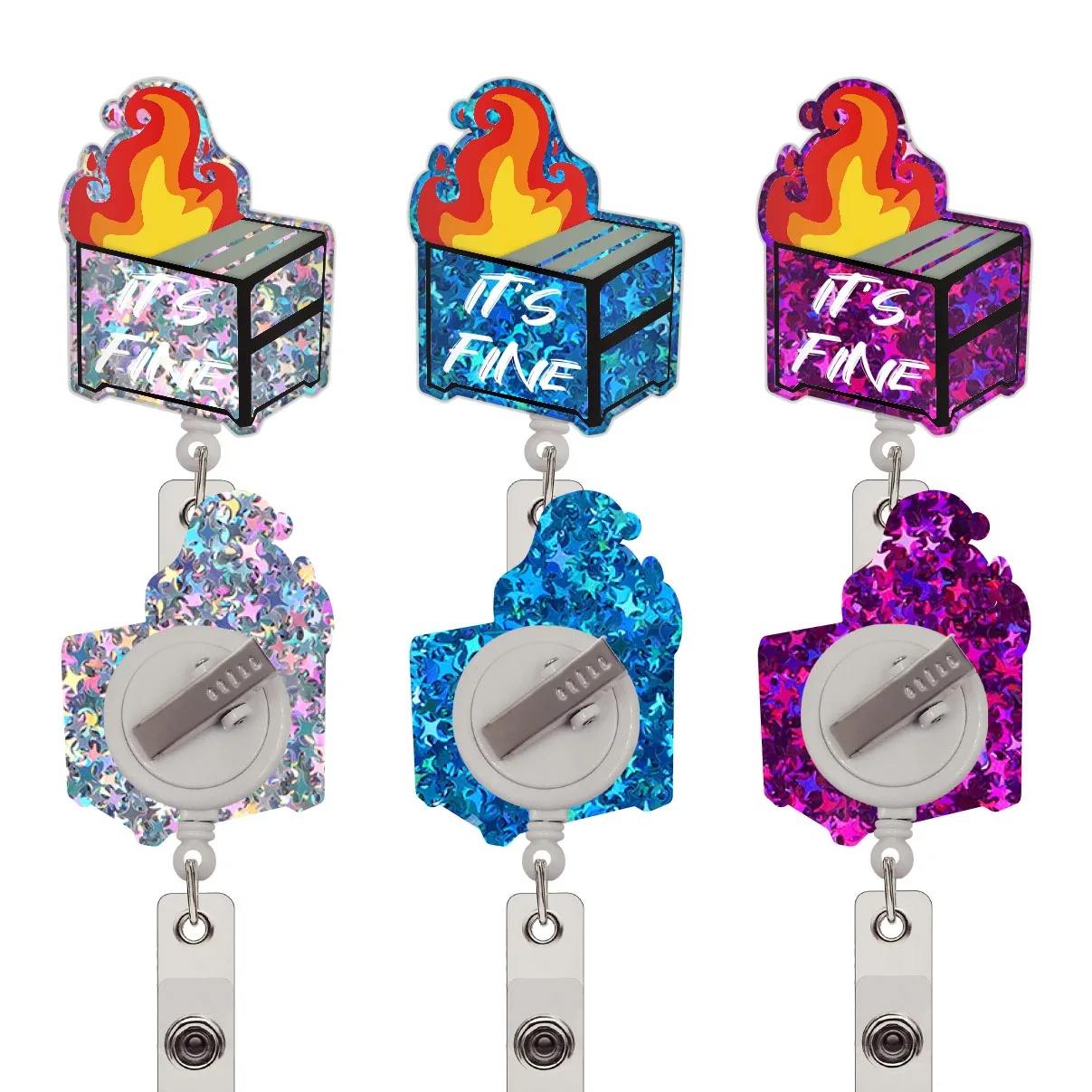 New RTS Bling IT IS FINE Badge Reel Retractable Bling Teacher and professor Badge Reels Nures