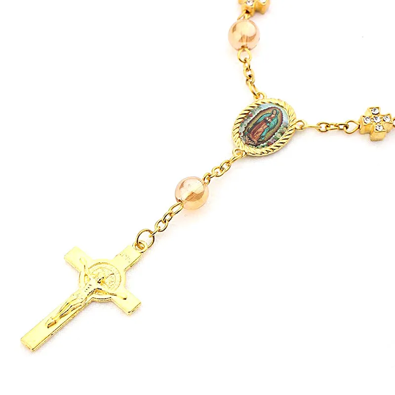 Wholesale Catholic rosary bracelet prayer fashion cross bracelet Gold imitation glass pearl handcrafted curved needle bracelet