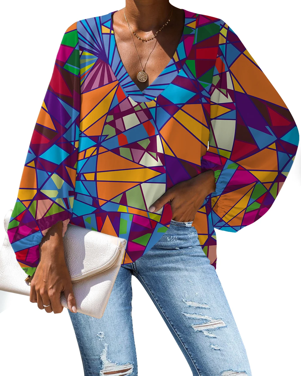 Женская одежда из бутиков, принтом тай-дай больше обычного размера, длинный фонарь рукав шифоновая блузка топы свободного кроя с v-образным вырезом рубашки пуловер