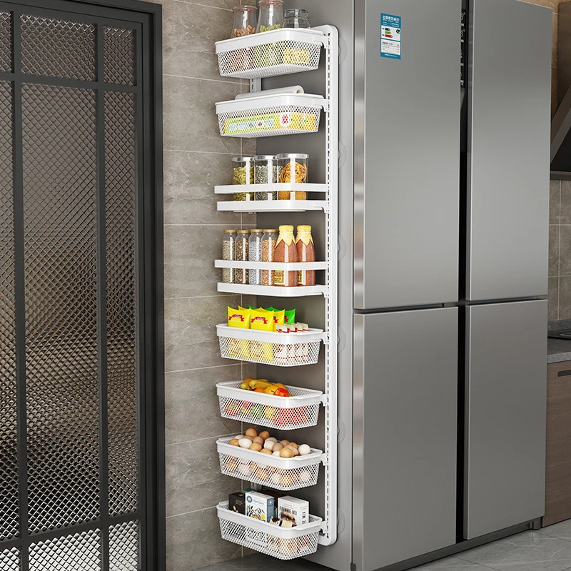 Adjustable height wall mounted metal spice bottle rack for refrigerator organizer kitchen storage
