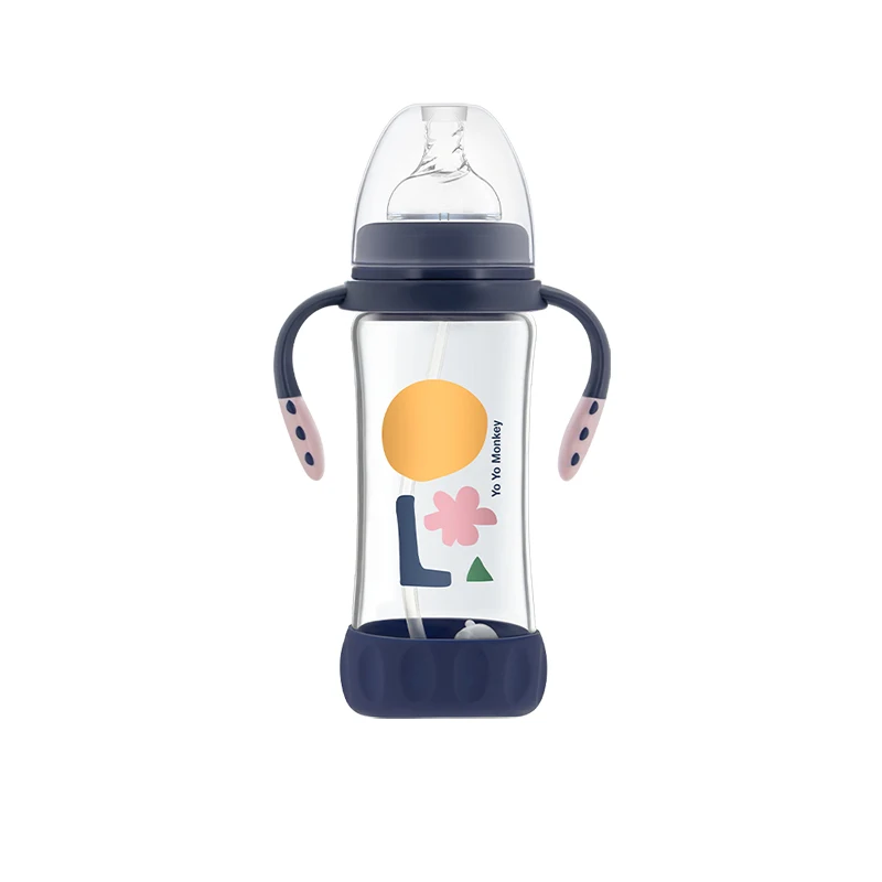 China Manufacturer BPA free wide mouth baby borosilicate glass milk bottle with silicone boots and detachable handle 280ML