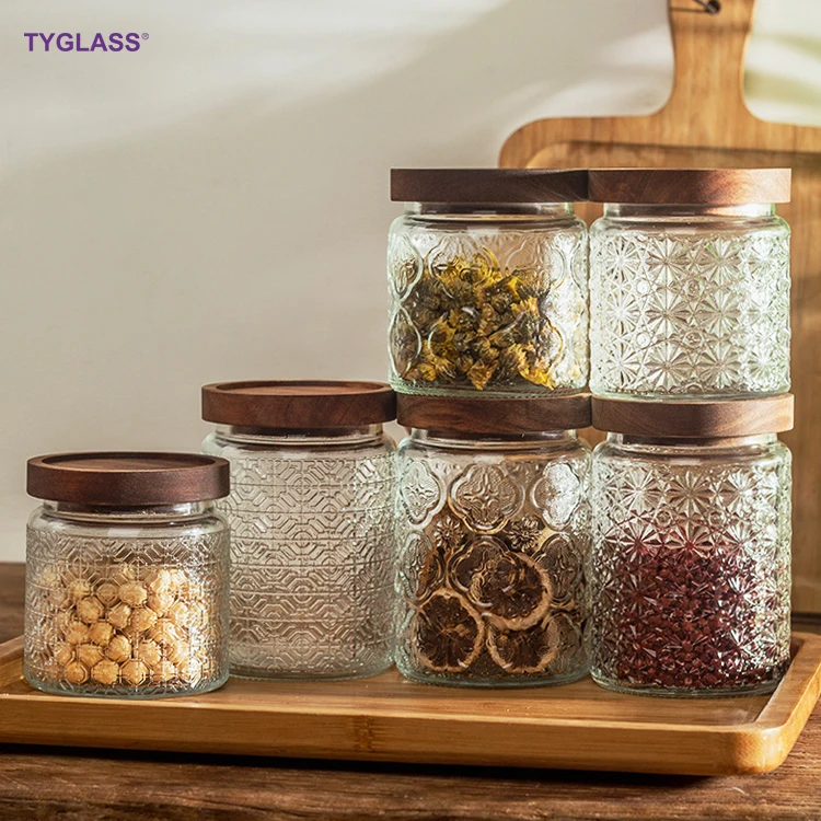 Factory Borosilicate Glass Spice Jar Frosted glass Food Storage Container jar with Airtight Acacia Lid for Kitchen Spice Srorage