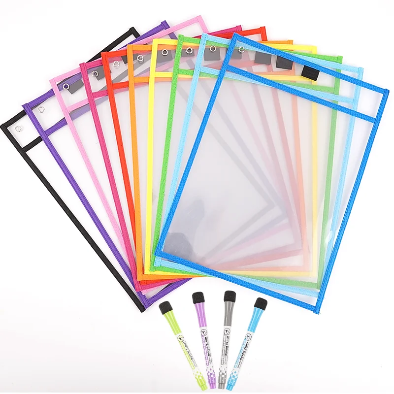Portable  Erasable A4 PET/PVC Dry Erase Pocket Reusable Plastic Dry Erase Pockets With Pen Holder