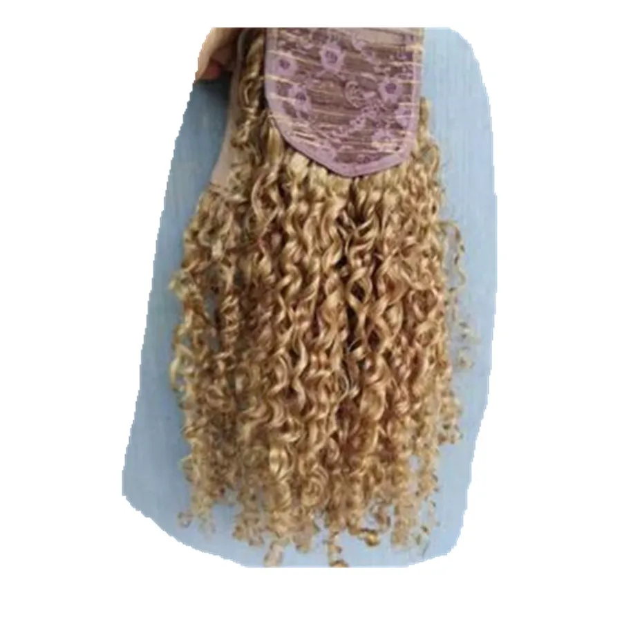 Kinky curly Brazilian human virgin hair Ponytail hair extensions clip in drawstring ponytails dark blonde 120g