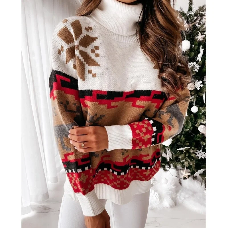 Оптовая продажа, Рождественский зимний свитер в европейском и американском стиле, Новый рождественский жаккардовый вязаный женский свитер с высоким воротником и оленем (1600317471207)