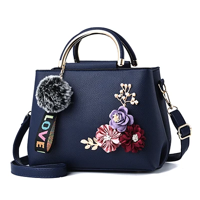 Women Hand Bags Luxury Designer Women Leather Handbag Shoulder Bag Tote Flowers Shell Rivets Fur Ball Pendant For Lady