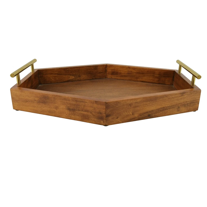 Custom Wholesale Big Hexagon Serving Gift Wood Tray Wooden Breakfast Food Trays with Metal Handle for Restaurant and Hotel