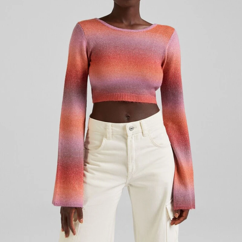 Ins Spring Fashion Sexy Cutout Space Dye Ladies Pullover Y2K Wholesale Cropped  Women Knit Crop Top Sweater