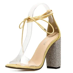 Women Gold High Heels Sandals with Rhinestone Ankle Strappy Clear Chunky Heels Dress Party Pumps Shoes