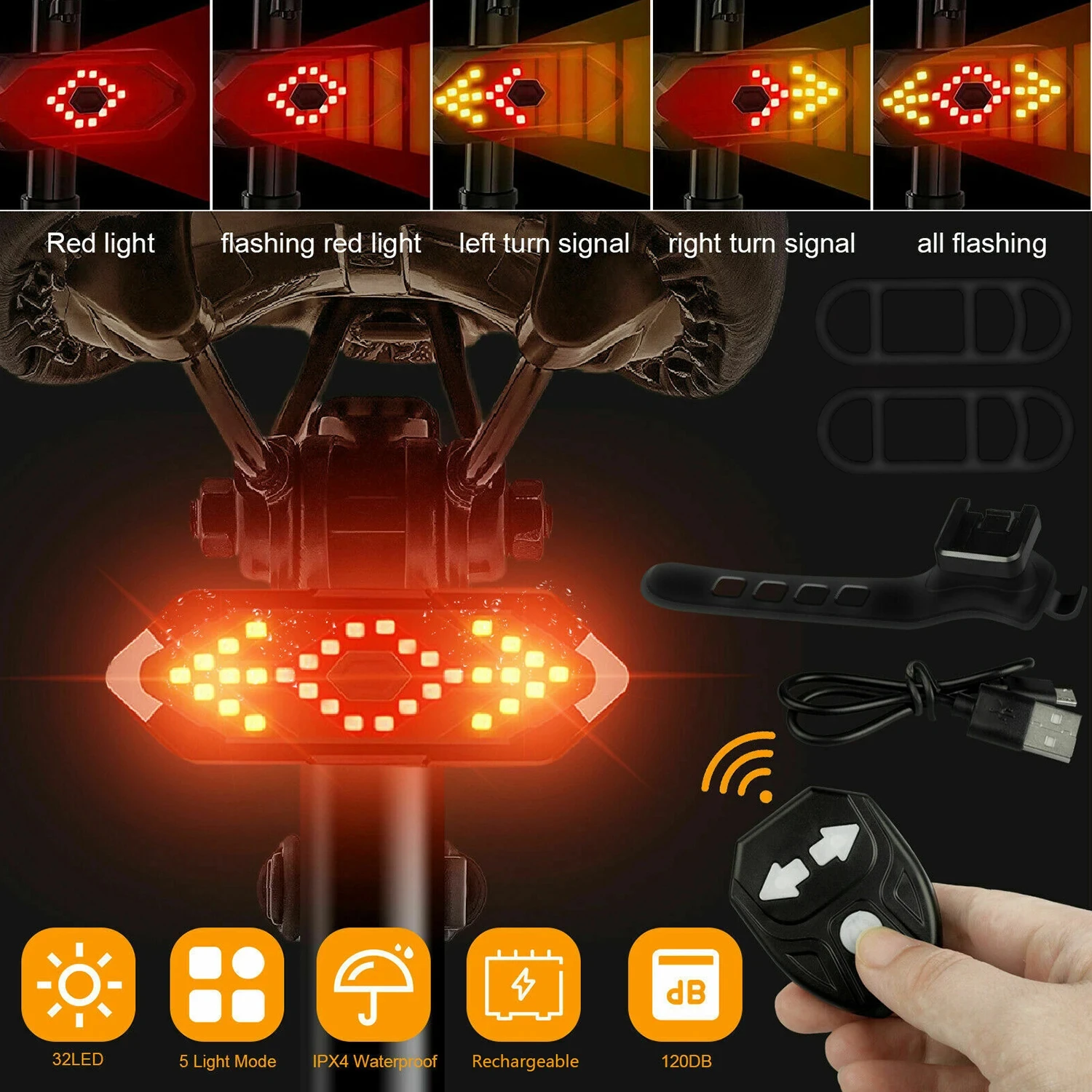 Bike Tail Light with Turn Signal Remote Switch Wireless LED Bike Light Rechargeable Waterproof Bicycle Rear Light Safety Warning