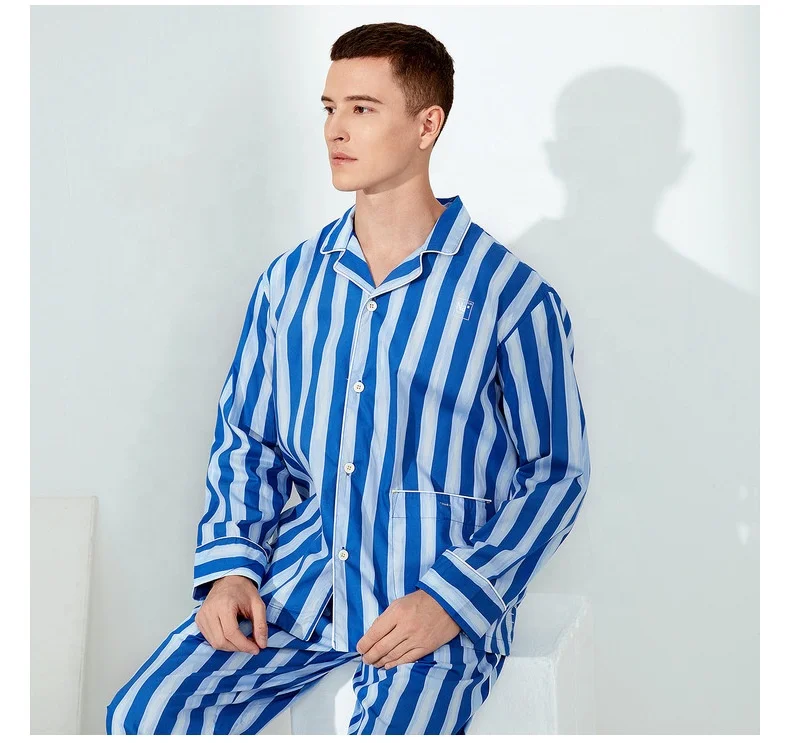 Womens pajama set cotton night pajamas pink blue striped couple cotton pajama set long-sleeved cotton sleepwear for women pyjama