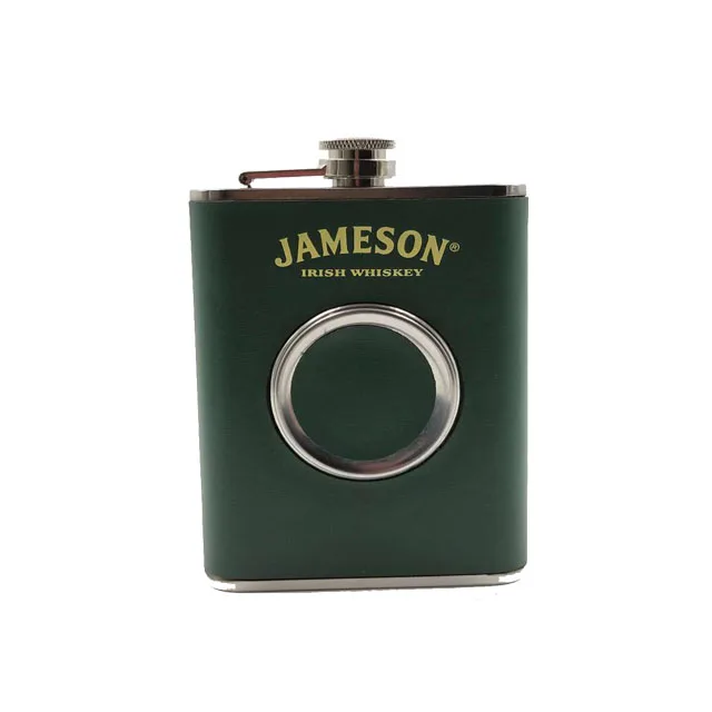 
8 oz leather stainless steel hip flask with shot glass 