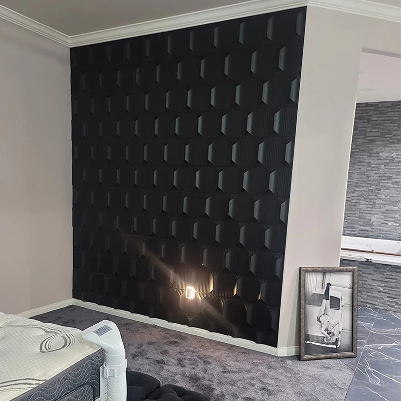 3d big 500*5000mm papier peint panel for interior wall decoration pvc 3d hexagon wall panels black