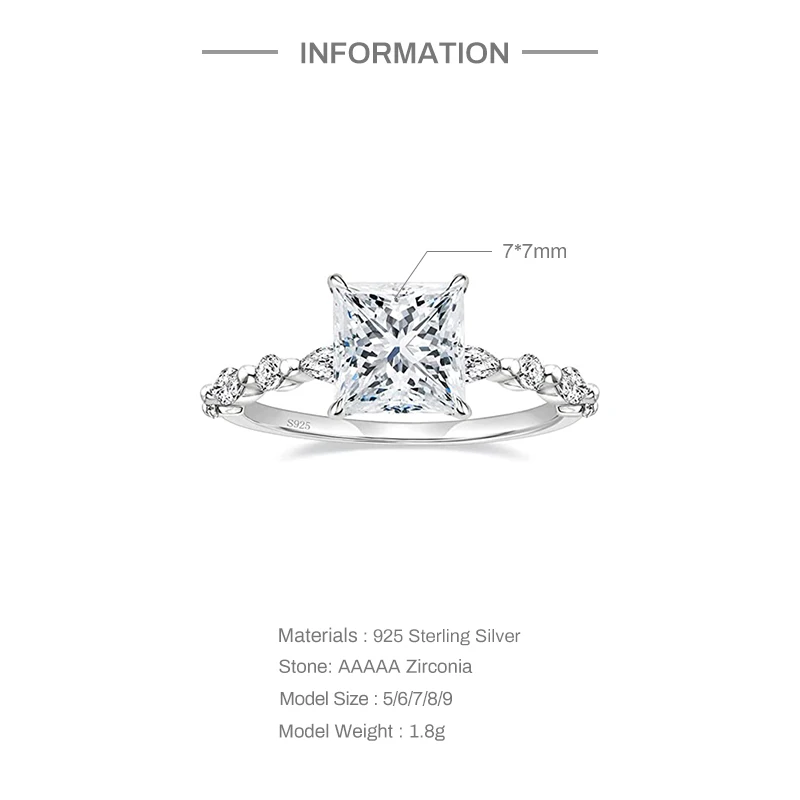 CANNER 2 Karat S925 Sterling Silver Ring Princess Engagement Moissanite Ring Marquise and Round Cubic Zirconia Wedding Rings