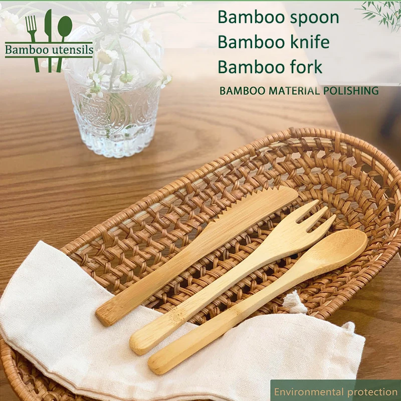 Wholesale Portable Eco Reusable Bamboo Cutlery Set Wood Knife Fork Spoon for Travel Camping