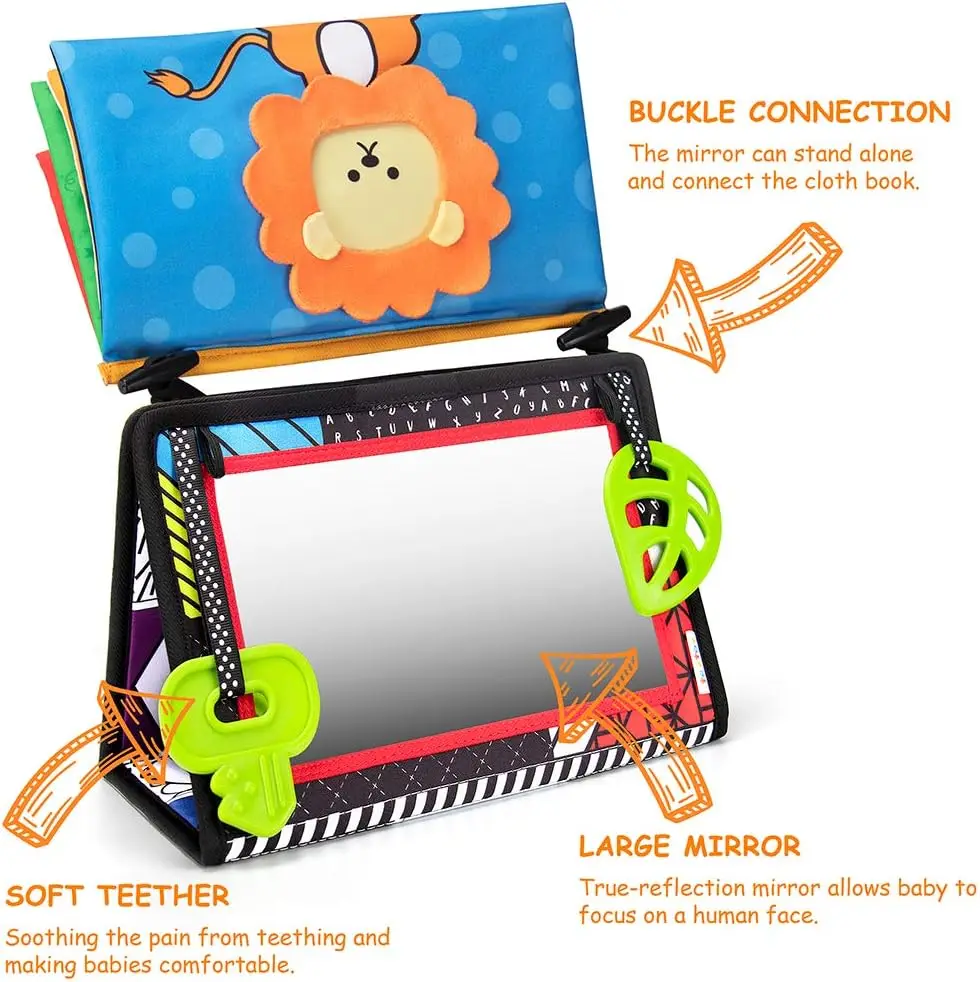0-3 Months Brain Developmental Baby Mirror Tummy Time Toys with Cloth Book&Teethers,High Contrast Baby Sensory Toy