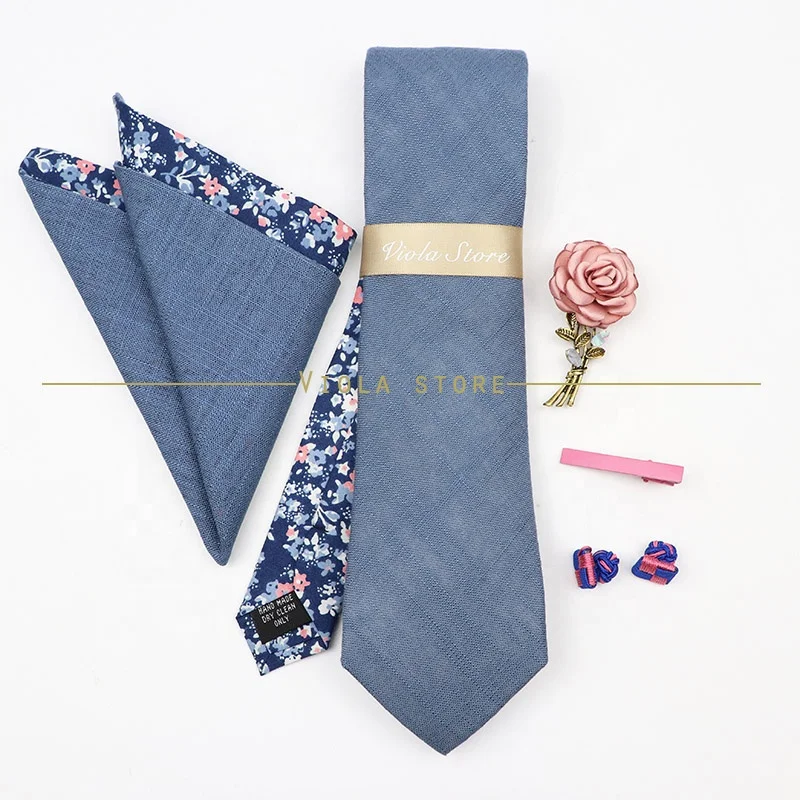 5 PCS Luxury Cotton Patchwork 7cm Tie Sets Brooch Pin Clip Hankie Cufflinks Men Wedding Party Floral Cravat Best Gift Accessory