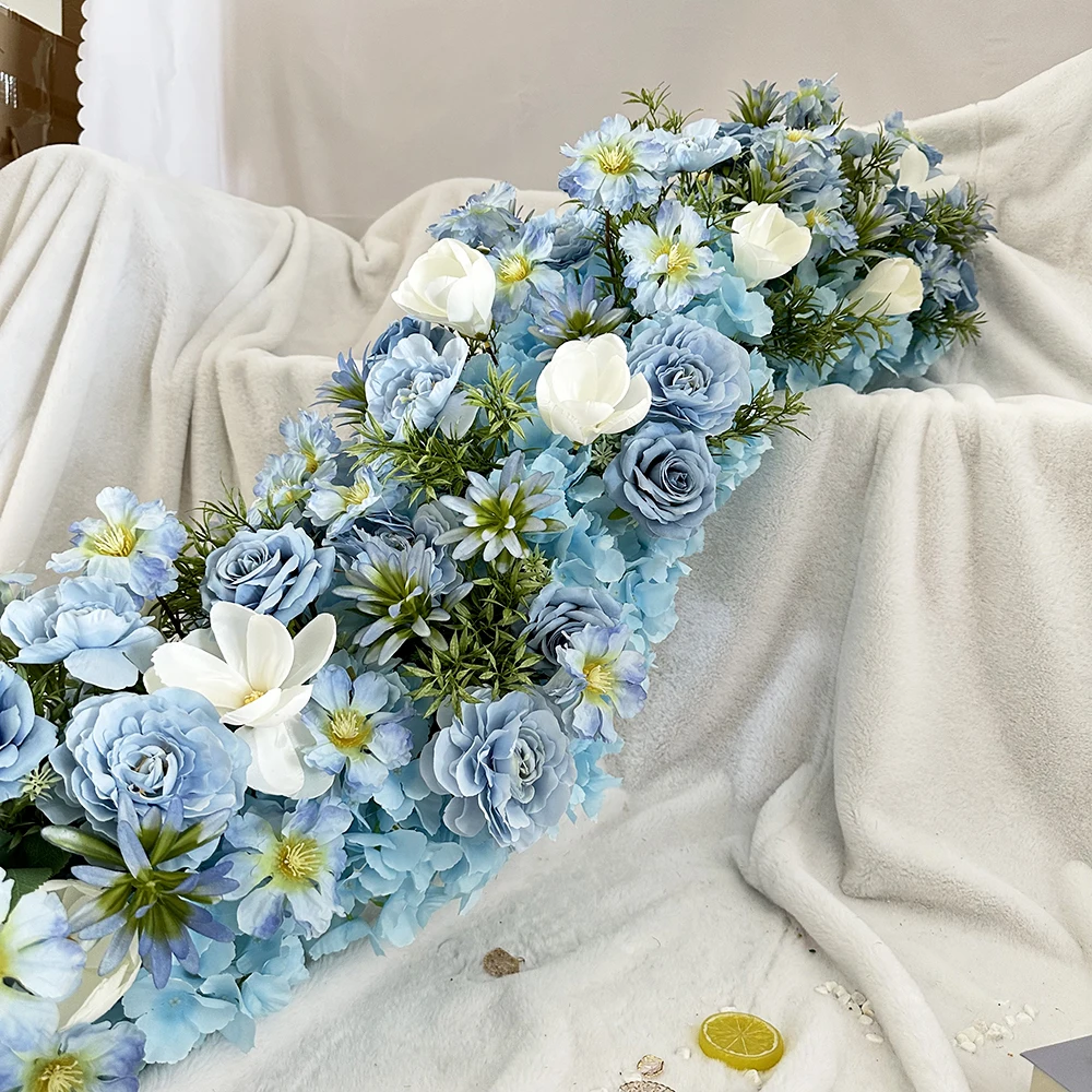 Высокое качество 200 см выдвижной стол бегун светло-синие Искусственные цветы зеленые листья красивые DIY украшения для свадебной вечеринки