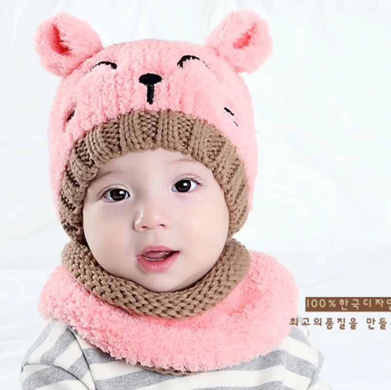Корейские Мультяшные трендовые детские теплые шапки, шапки с котом, детские шерстяные шарфы, шапки, набор из двух предметов, Детские осенне-зимние шапки с ушками