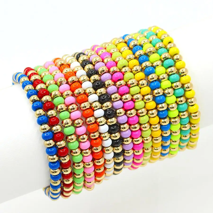 Factory direct sale gradient color bohemian enamel beaded bracelet hot-selling colorful round rainbow bracelet zinc alloy beads