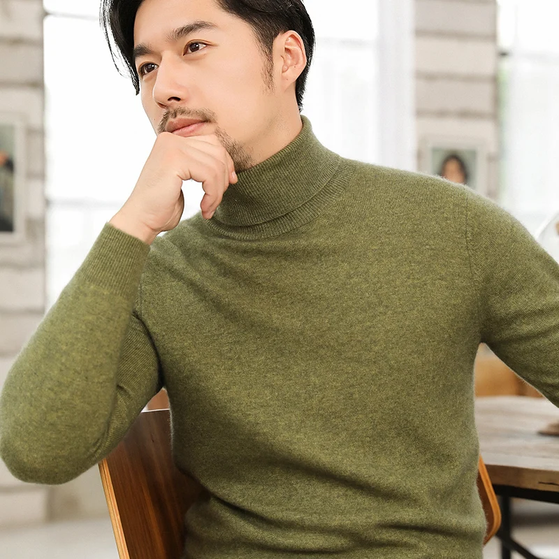 
OEM Men High Collar Pullover Long Sleeve Knitwear Pure Color Sweater 