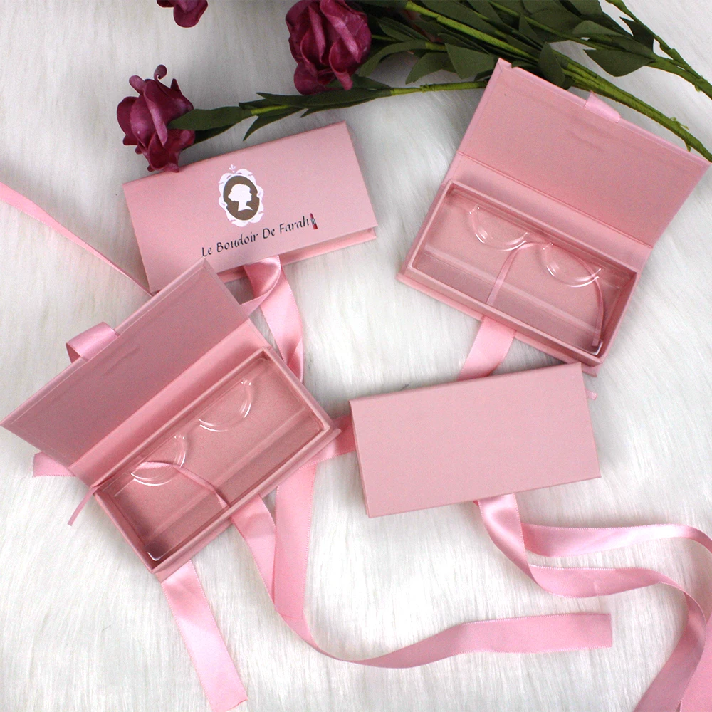 B627 false eyelashes packaging custom logo empty light pink eyelashes packaging box with ribbon wholesale