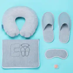 Travel Blanket 4-in-1 Travel Set Inflatable Pillow with Neck Support Eye Slippers Ear Plugs