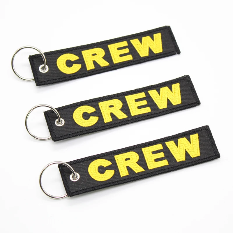 high quality crew logo red white embroidered keychain, embroidered key tag with key ring