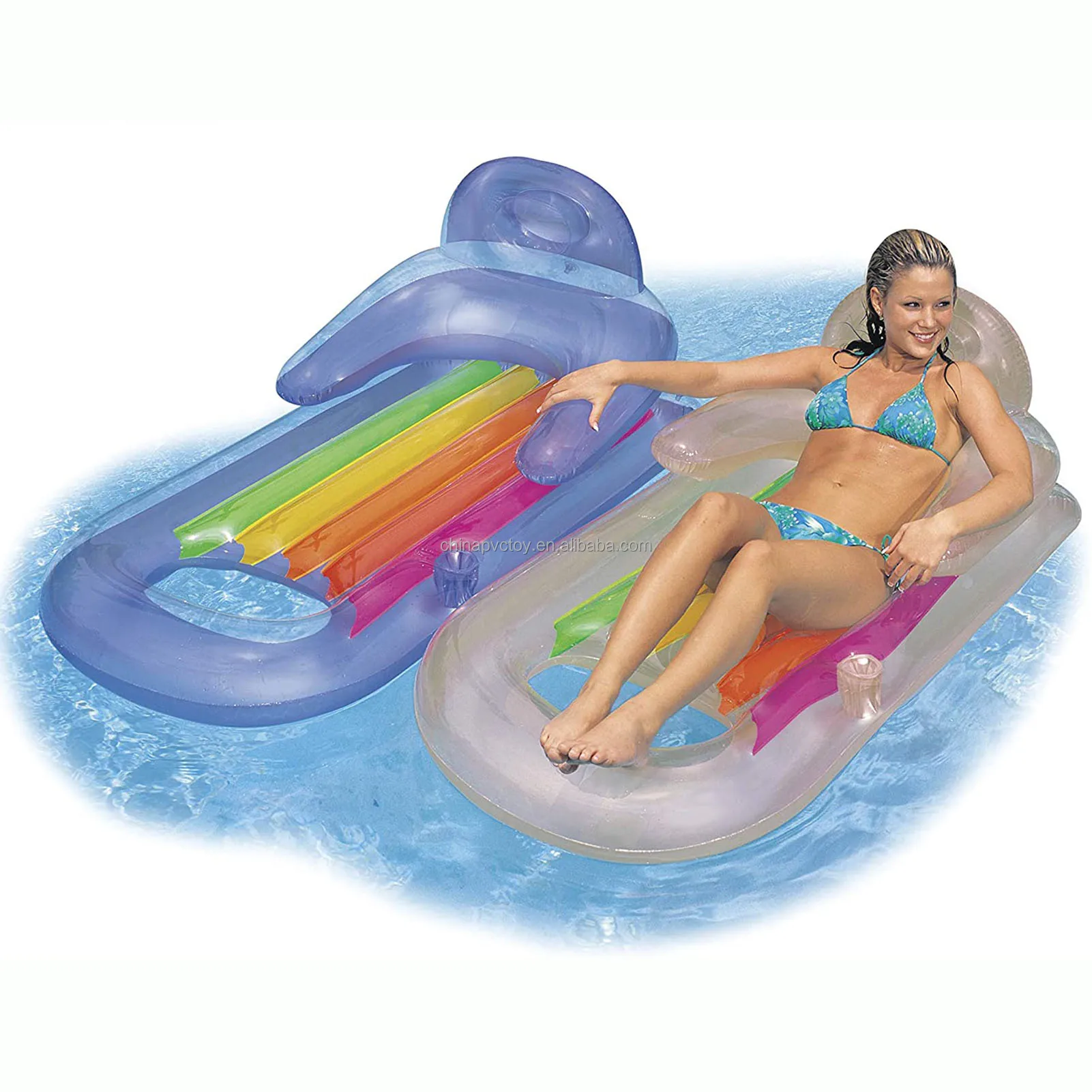 Inflatable Lounge with Headrest & Cup Holder Inflatable Pool Lounger Float for Adults Blue & Pearlescent Silver