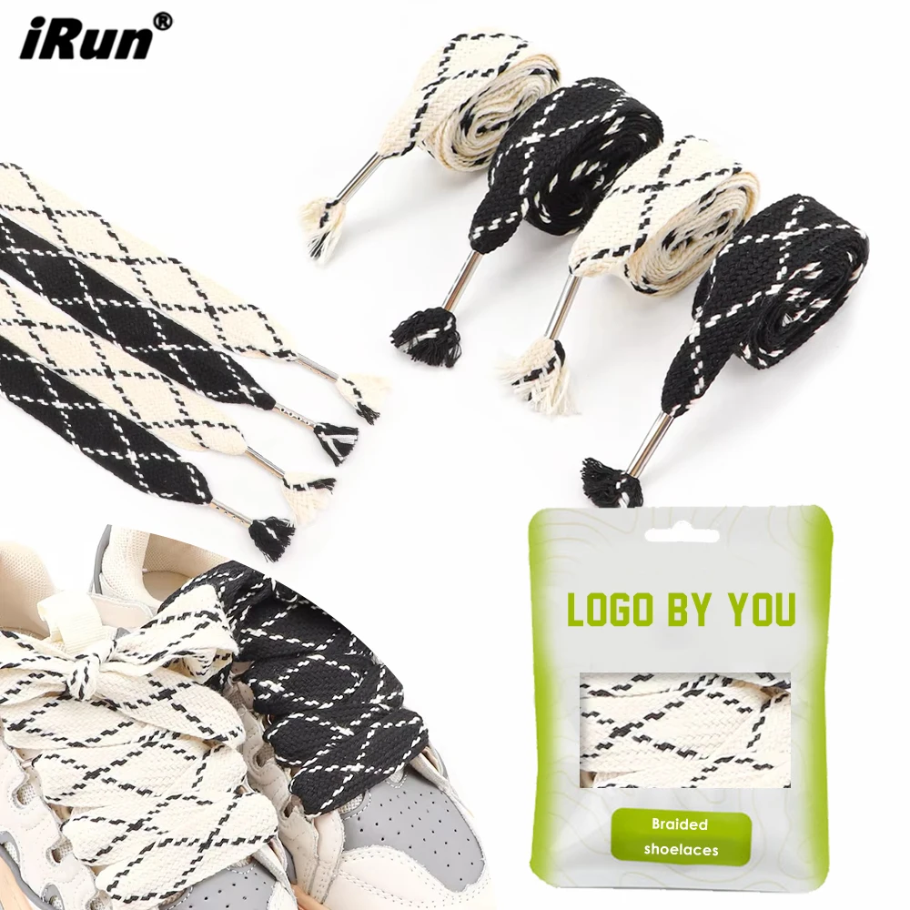 iRun Customized New Flat Shoelaces Wide Metal Head Tip Shoelaces Black Beige Sneaker Laces Flat Fat Braided Shoe Strings