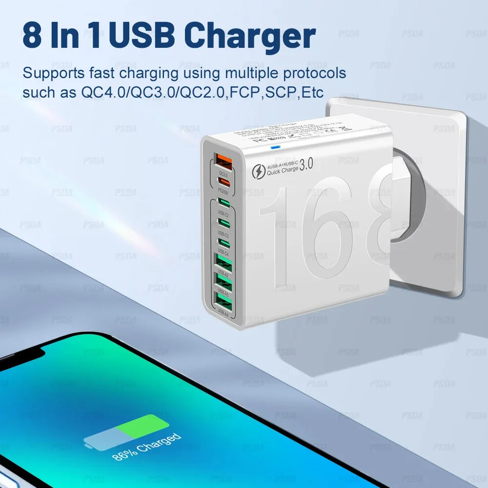 US PLUG 150W USB Muti 8 Ports 4A+4C Fast Charging PD Wall Mobile Phone Adapter for iPhone16 15 14 Pro Xiaomi Samsung Oneplus