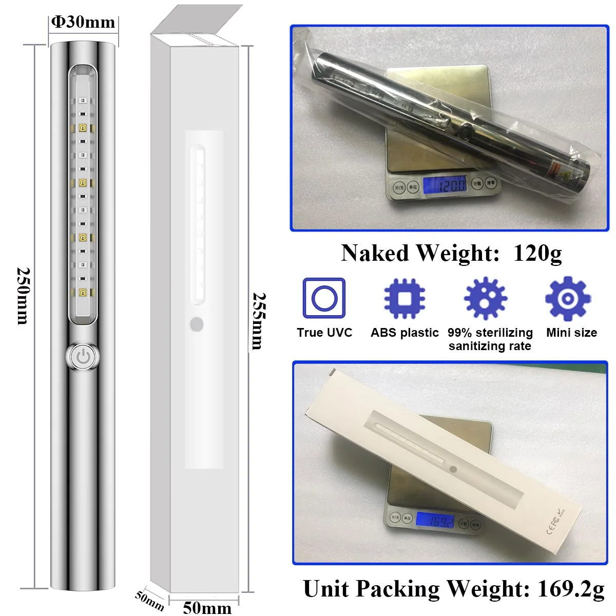 Household Sterilizing 265nm/365nm Portable LED Travel UV Light Wand Sterilizer UV-C Lamp Sterilization Stick