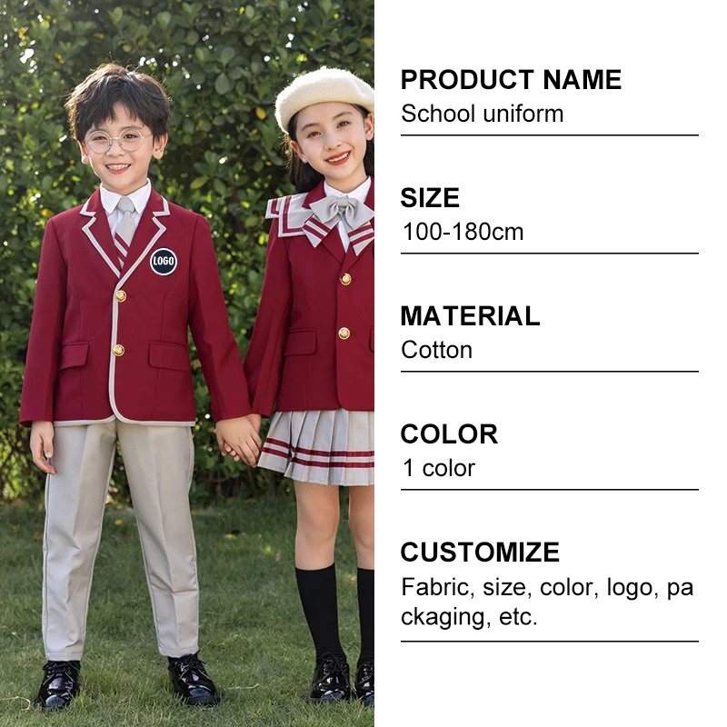 Custom Polyester/Cottton Student School Uniform Set Summer Autumn Winter Girls Boys Kids School Uniforms Drees Suits