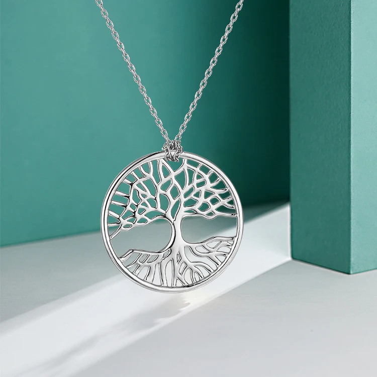 Exquisite 925 Sterling Silver Circle Pendant Necklace Women Tree Of Life Necklace