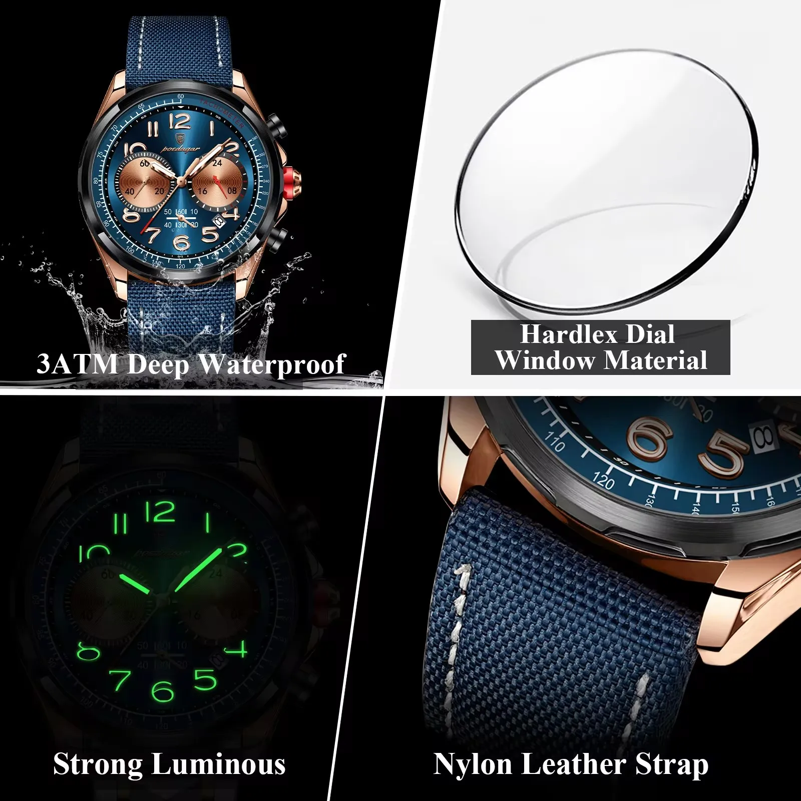 POEDAGAR 862 Waterproof Luminous Function Man Wristwatch Casual Male Wrist Nylon Leather Chronograph Luxury Quartz Watch for Men