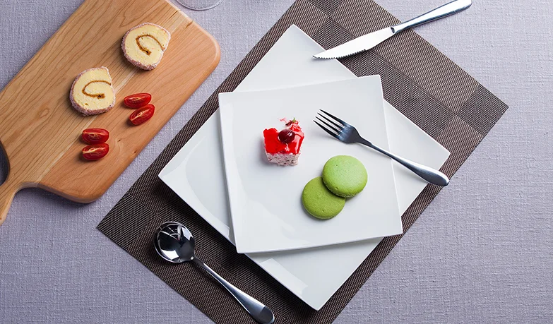Wholesale white square Ceramic Bone China kitchenware dinner plates flat dessert plates for household restaurant