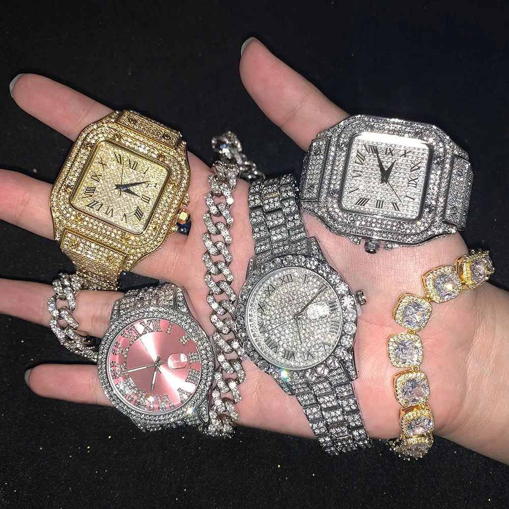 Wholesale Hip Hop Deluxe Men Wrist Quartz Watch Shinning Diamond Bling Bling Full Gemstone Iced Out Gold Plated Women Watches