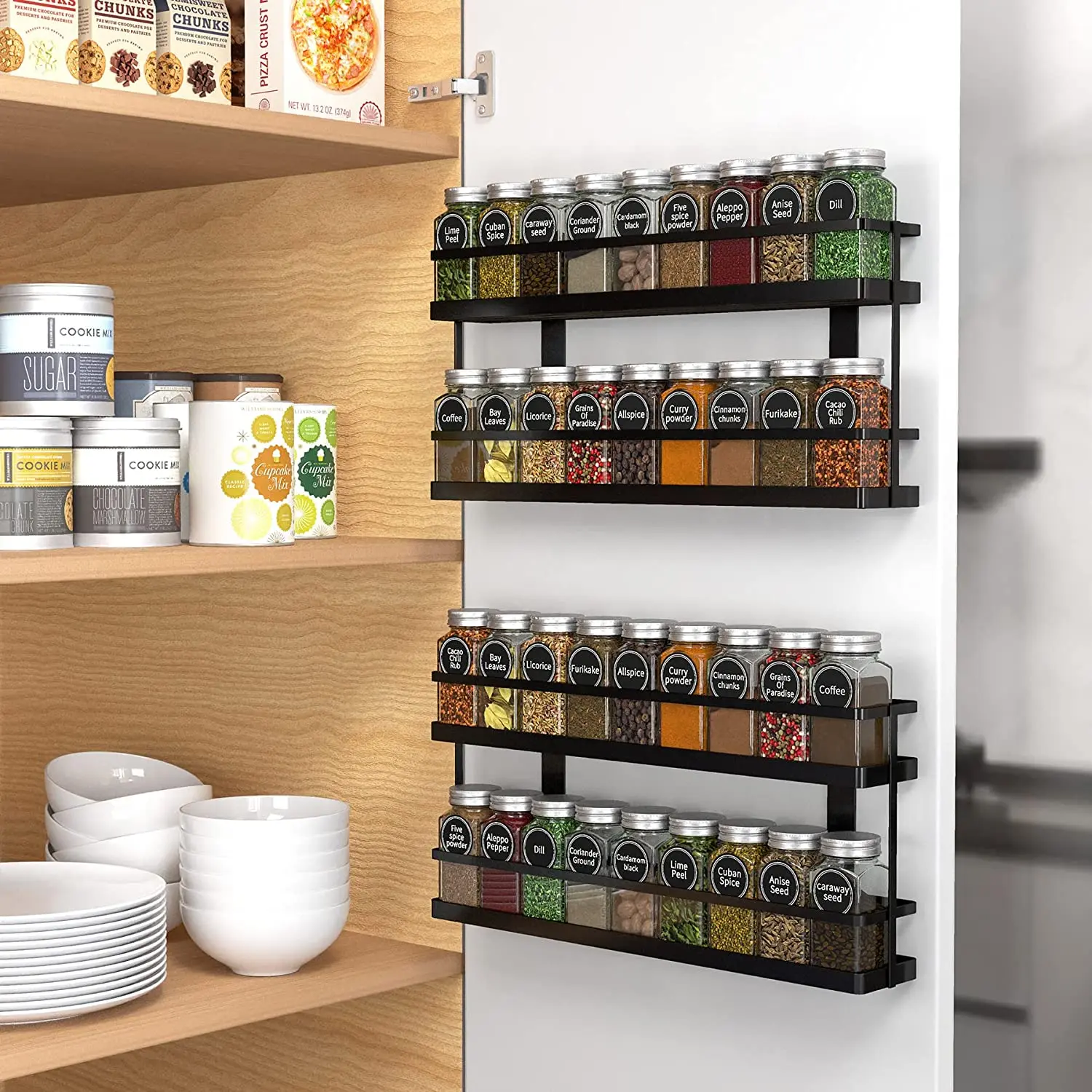 New  Design Spice Rack Organizer with 18 Empty Square Spice Jars Holder for Countertop Wall Mount or Cabinet Pantry Door