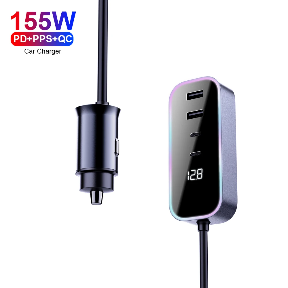 155W Car Charger PD 65W Extension Cable for Rear Seat USB QC 30W Mulit Car 2C2A Charger Type-C Fast Charging for Macbook Phone
