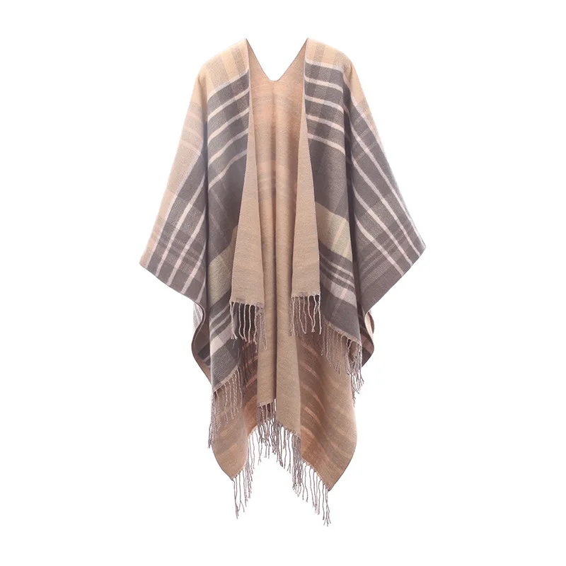 High Quality Hot Sale Plaid Tassel Poncho Warm Cashmere Pashmina Shawl