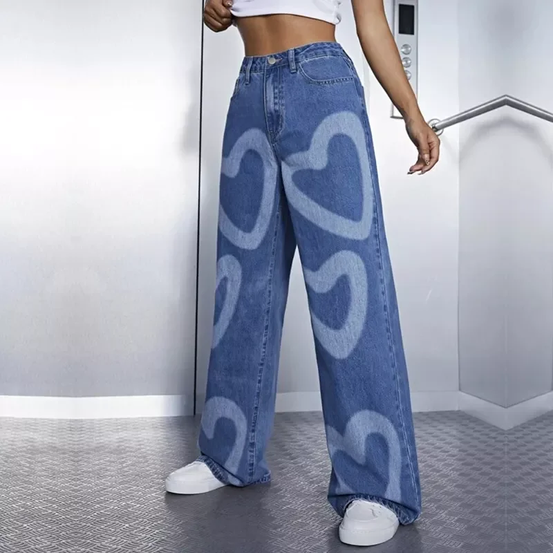 Fashion Love Pattern Painted straight legging Zipper Fly Women Denim Jeans