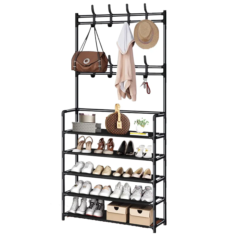 Metal Frame Entryway Stand Organizer 5 Tier Shoe Storage Shelves Coat Hat Rack Entryway Coat & Shoe Rack with Living Room Use